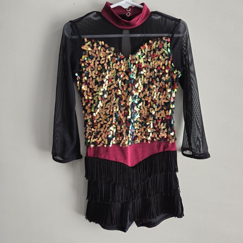 Weissman Girls Size IC 7/8 Tapp Jazz Costume Fringe Sheer Sleeve Sequin